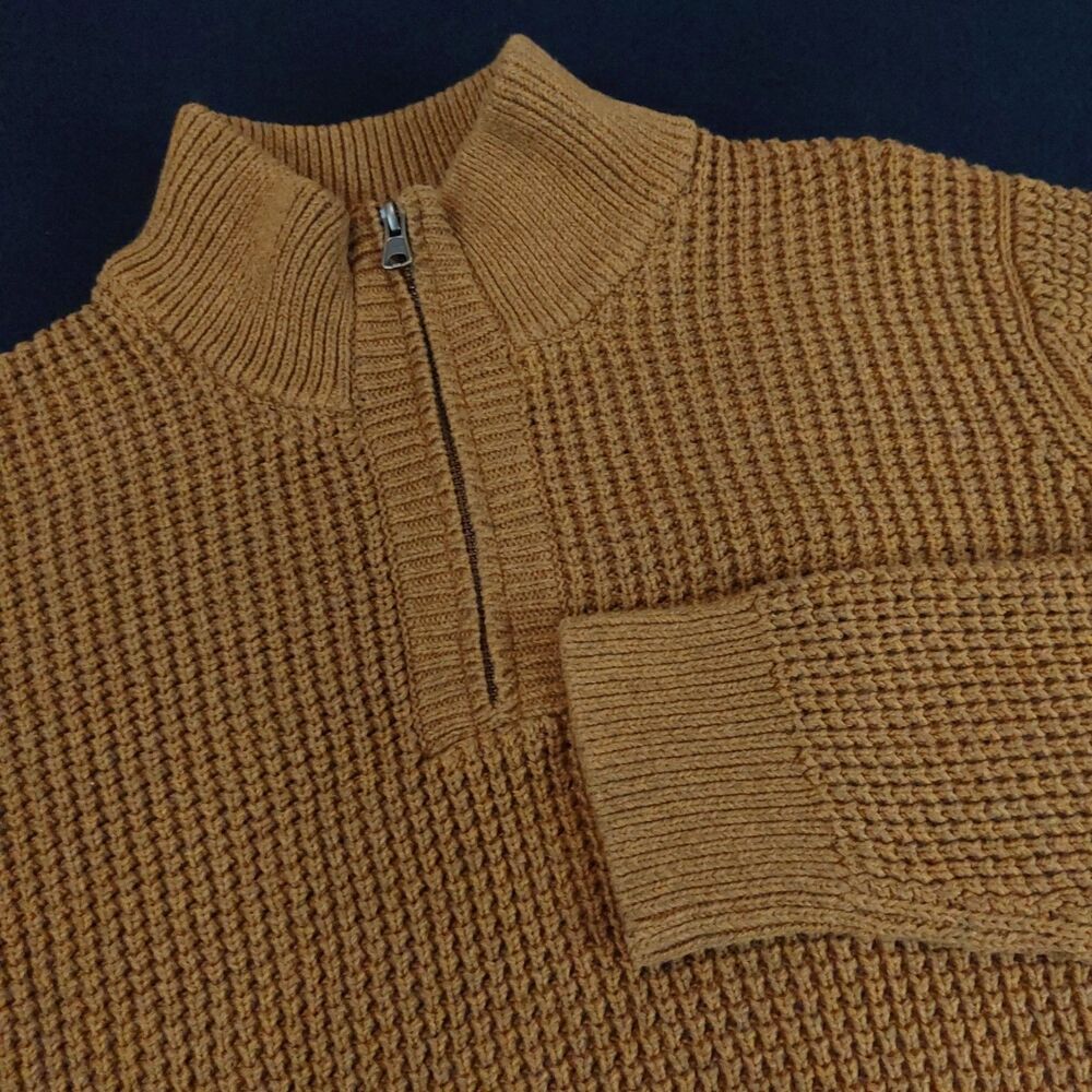 LL Bean 100% Organic Cotton Waffle Sweater Quarter Zip Men's XL Mustard